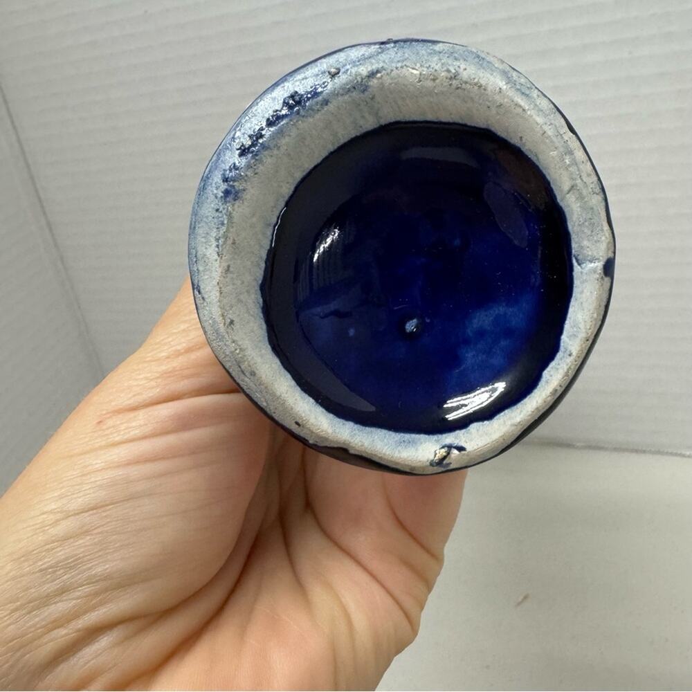 Vintage Blue Hand Painted Floral Vase Small With Handles Unmarked - Picture 2 of 6